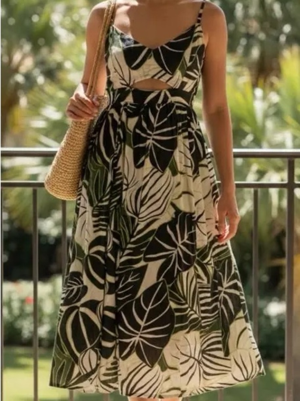 Joie Black and Green Leaf Print Cotton Maxi Dress